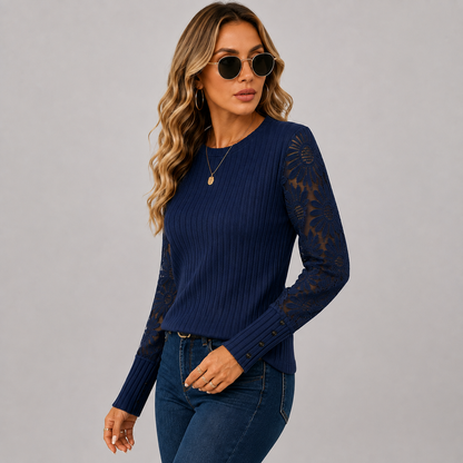 Montviro | Women's Knit Top – Lace Sleeve Crew Neck Classic Fall Style