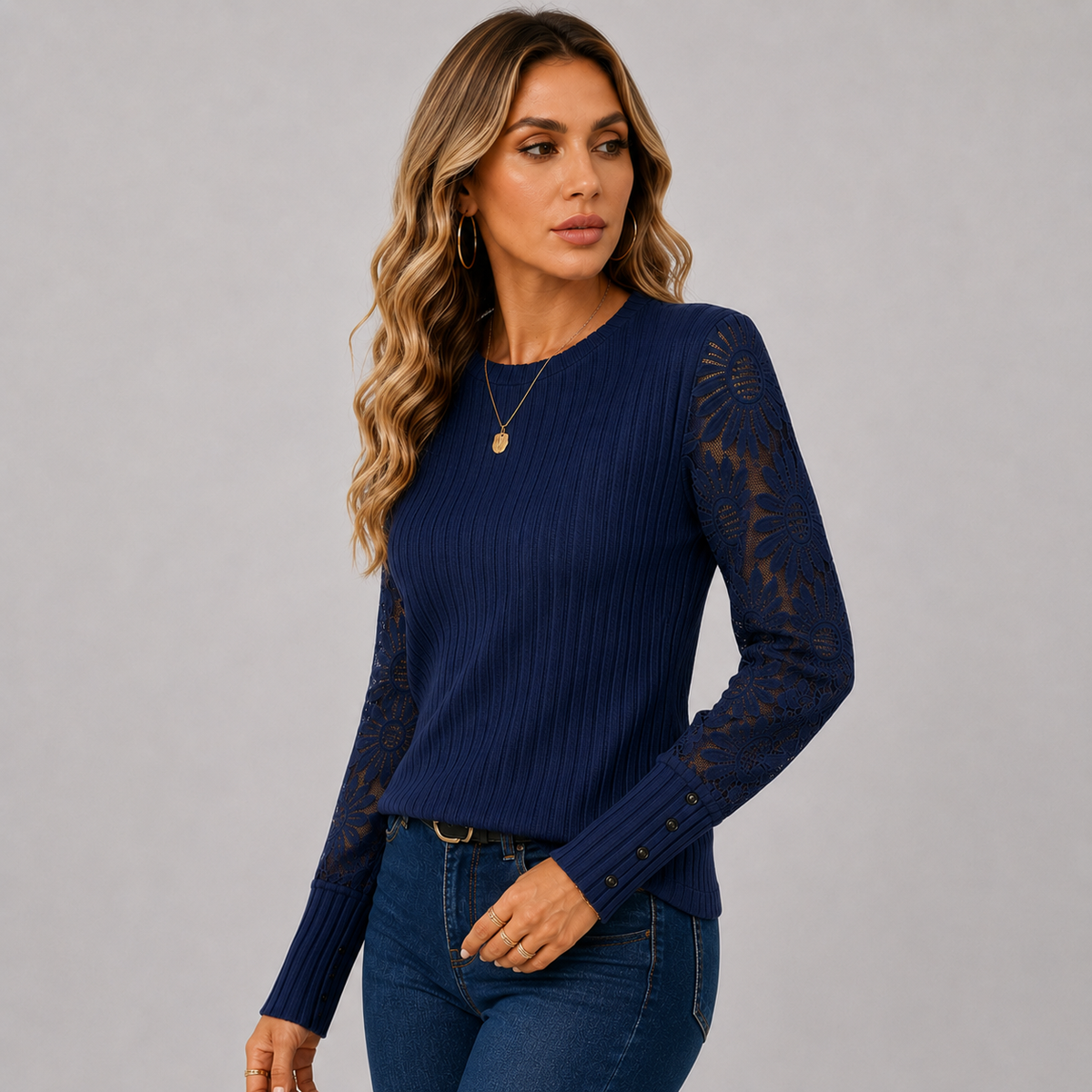 Montviro | Women's Knit Top – Lace Sleeve Crew Neck Classic Fall Style