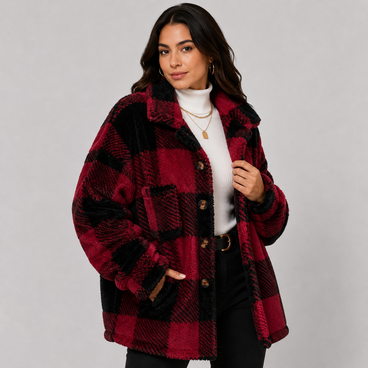 Montviro | Women's Plaid Plush Jacket – Soft Fall Winter Coat
