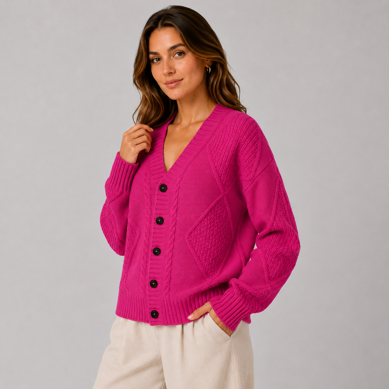 Montviro | Women’s Cardigan Cable Knit Button Front V-Neck Sweater
