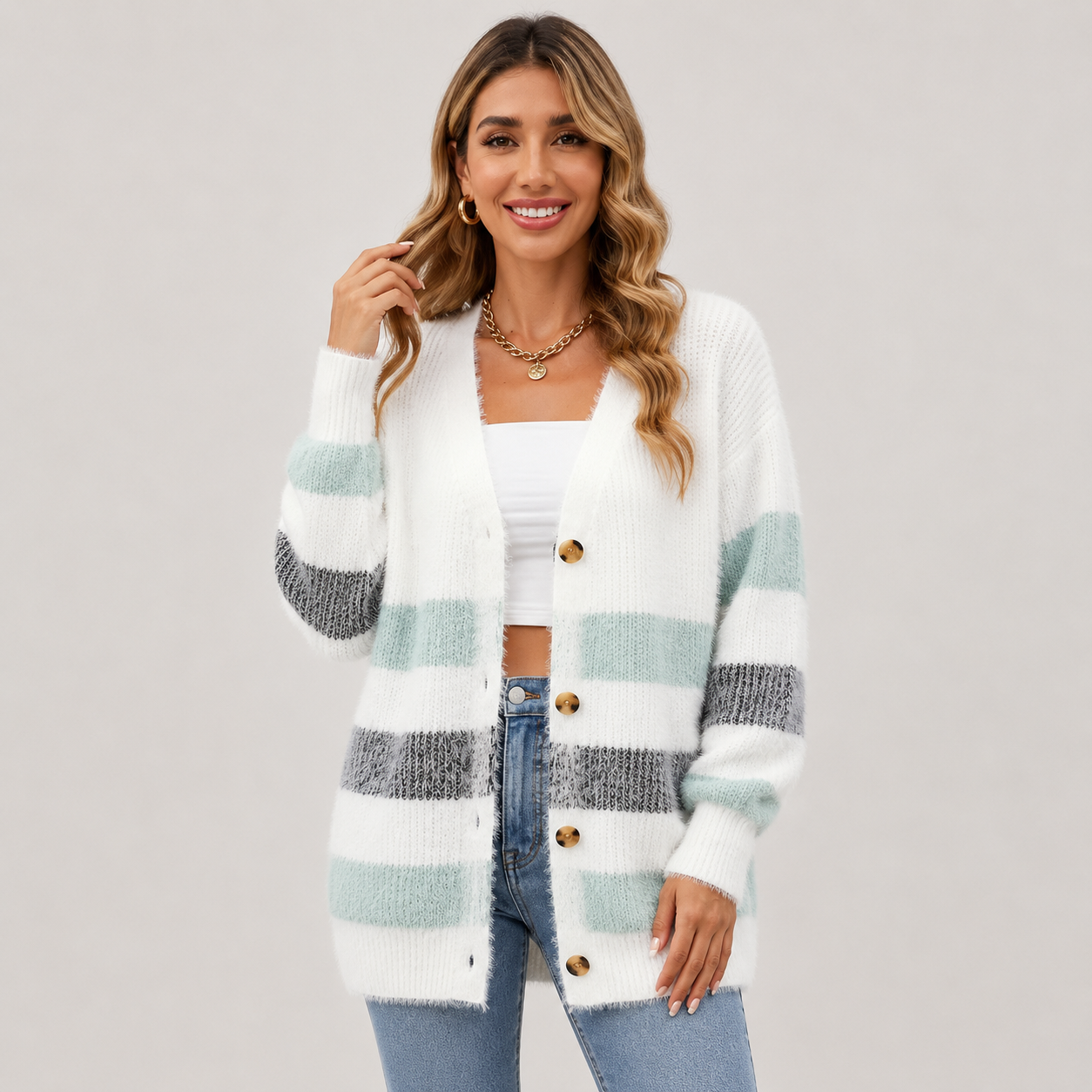 Montviro | Women’s Striped Knit Cardigan – Fall Winter Button Sweater