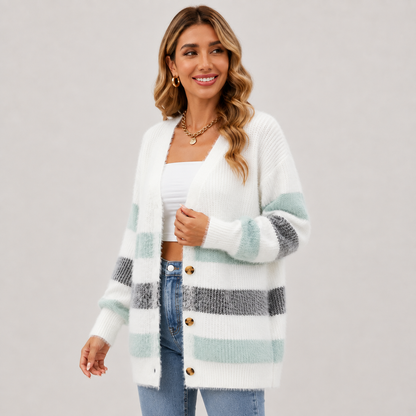 Montviro | Women’s Striped Knit Cardigan – Fall Winter Button Sweater