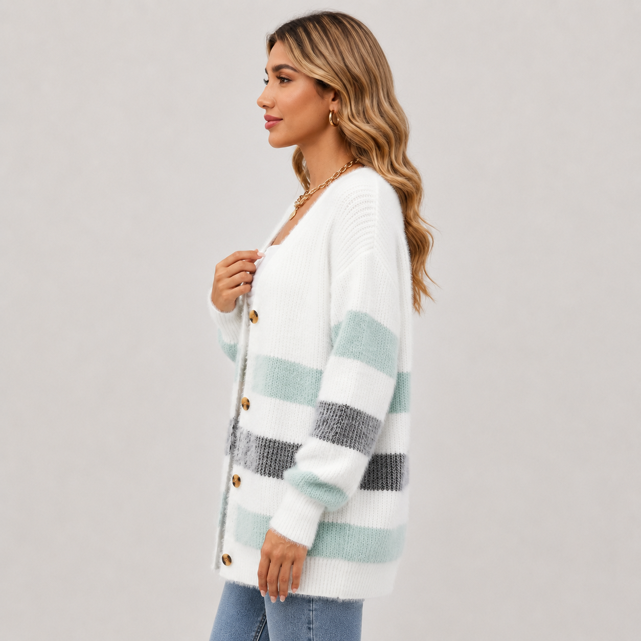 Montviro | Women’s Striped Knit Cardigan – Fall Winter Button Sweater