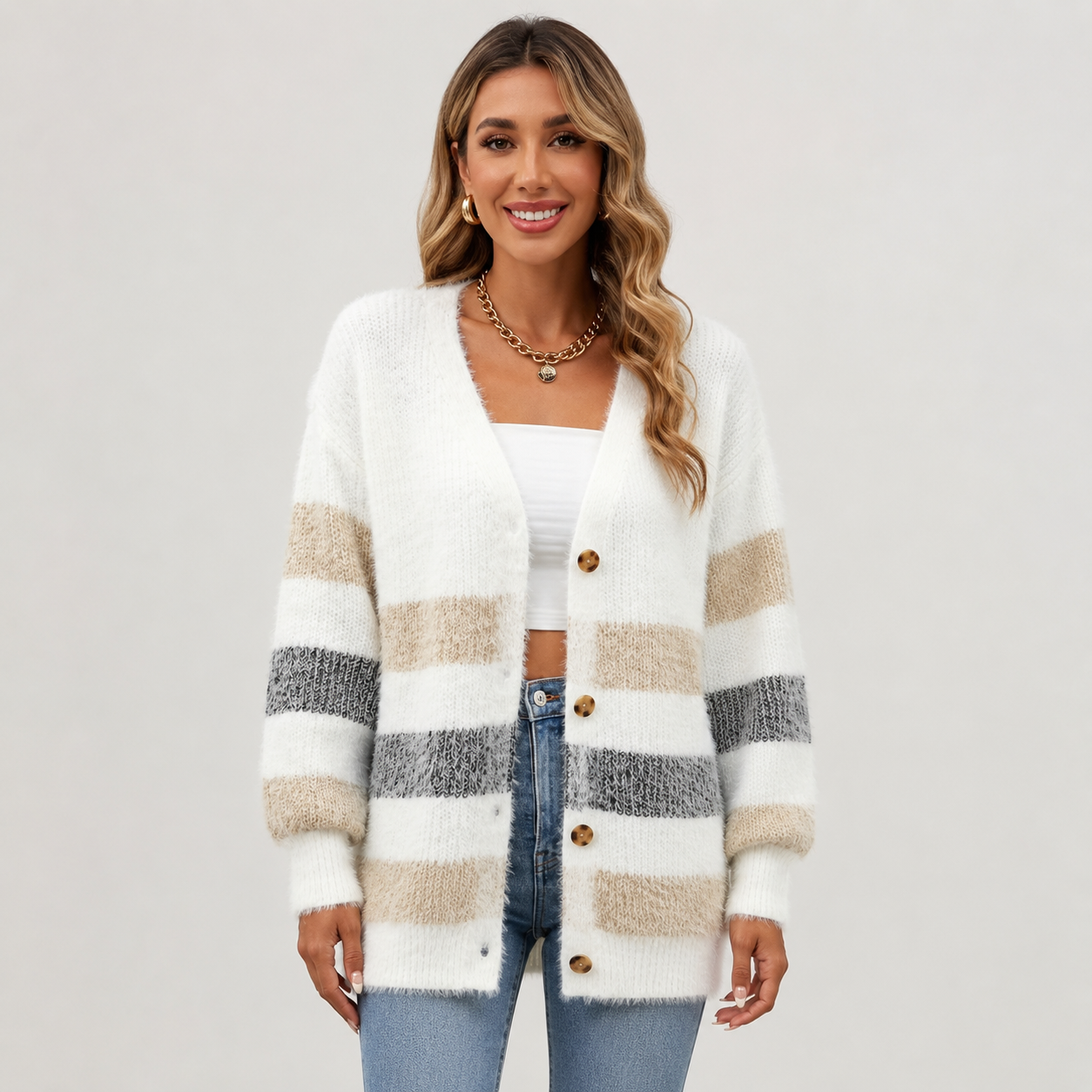 Montviro | Women’s Striped Knit Cardigan – Fall Winter Button Sweater