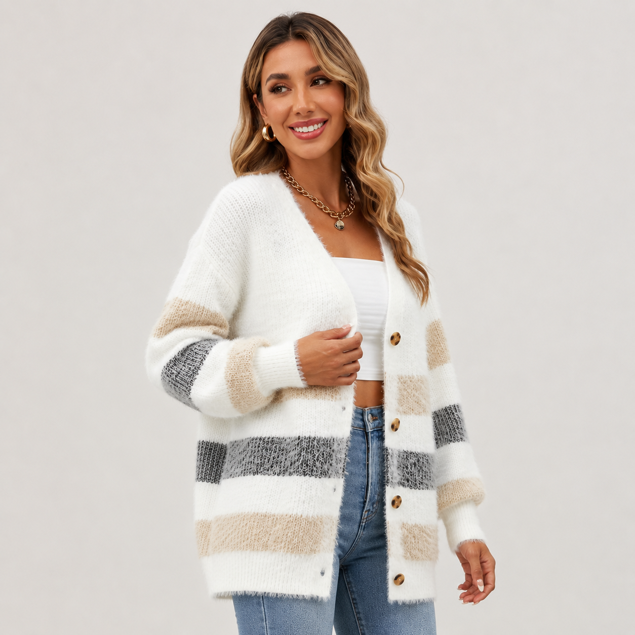 Montviro | Women’s Striped Knit Cardigan – Fall Winter Button Sweater