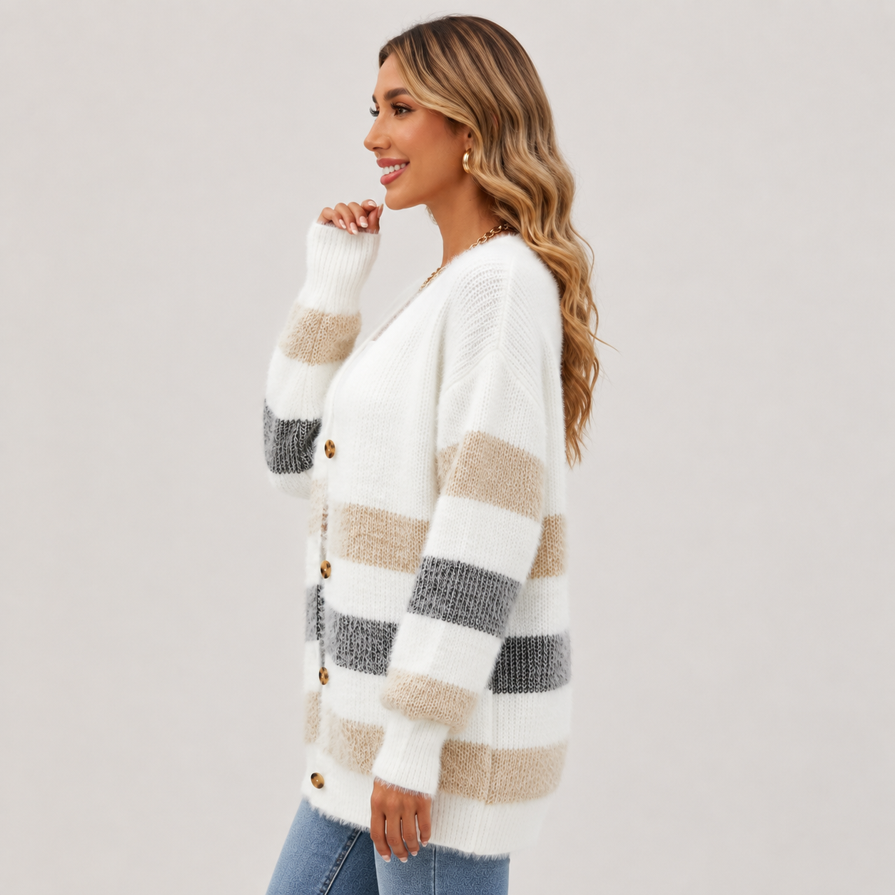 Montviro | Women’s Striped Knit Cardigan – Fall Winter Button Sweater