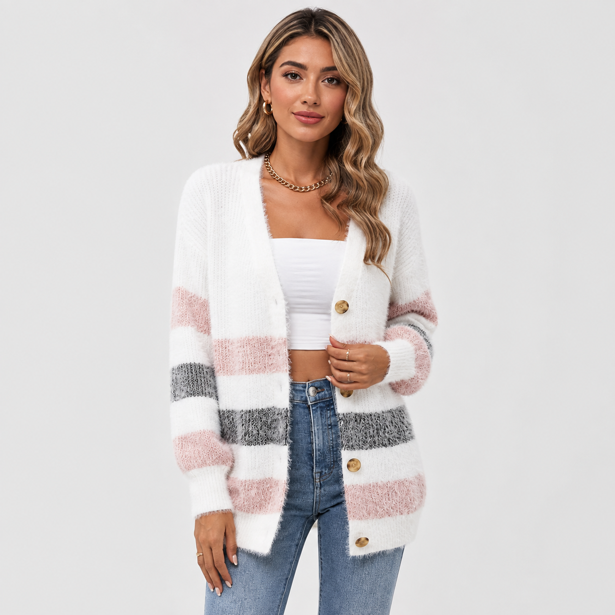 Montviro | Women’s Striped Knit Cardigan – Fall Winter Button Sweater