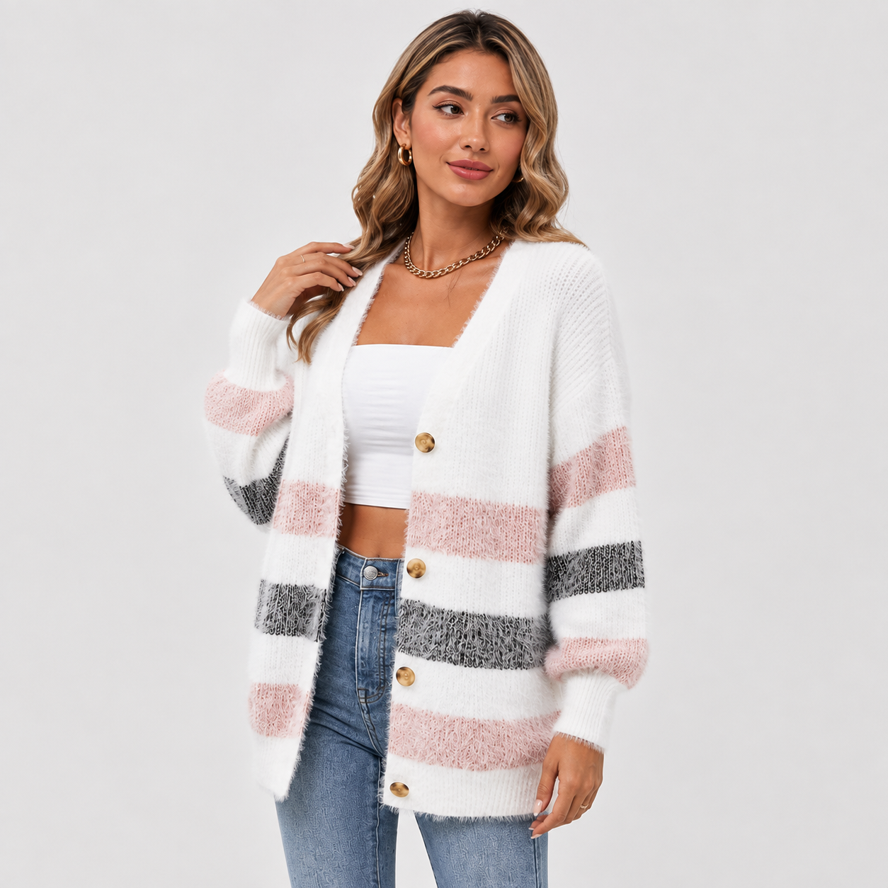 Montviro | Women’s Striped Knit Cardigan – Fall Winter Button Sweater