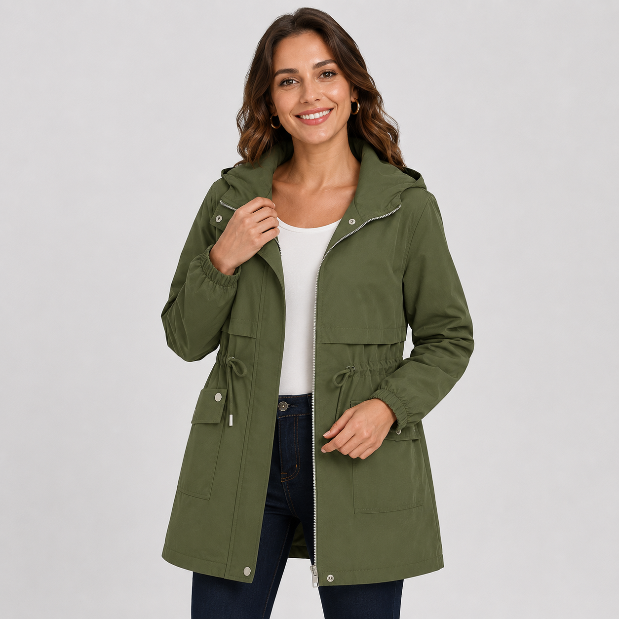 Montviro | Women's Hooded Trench Coat - Drawstring Waist Knee Length
