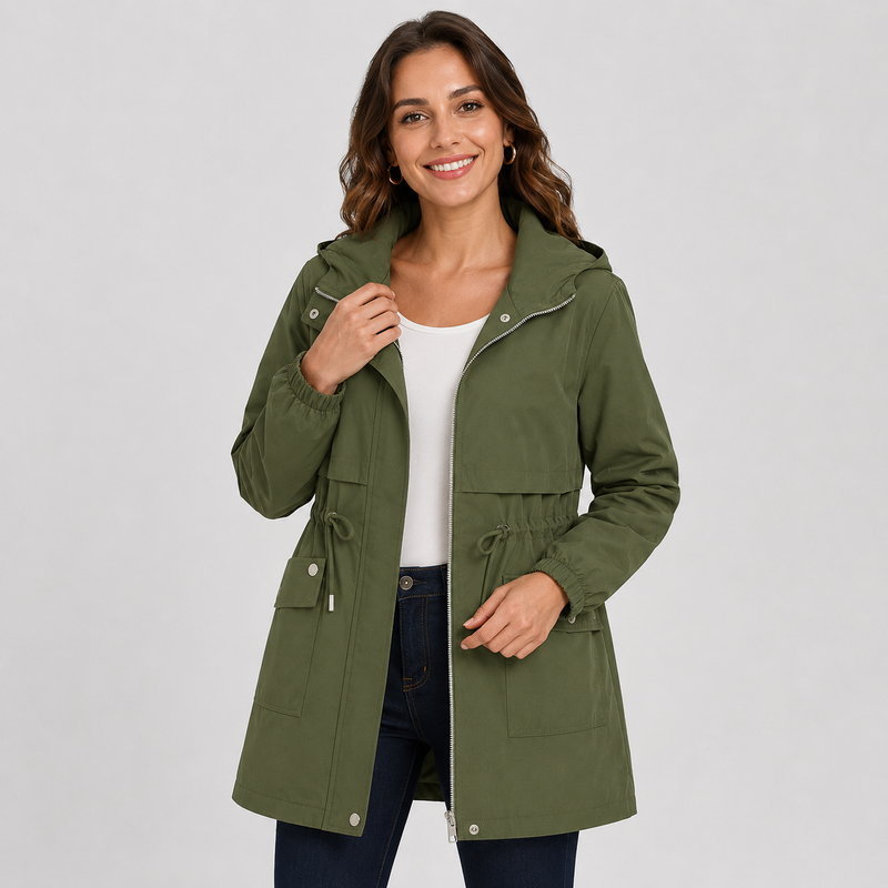 Montviro | Women's Hooded Trench Coat - Drawstring Waist Knee Length