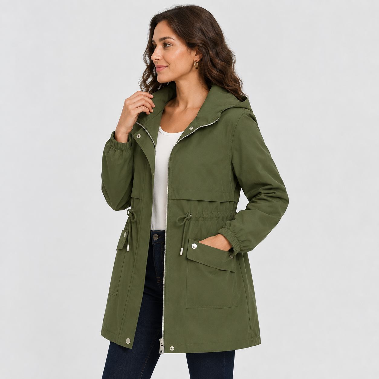 Montviro | Women's Hooded Trench Coat - Drawstring Waist Knee Length