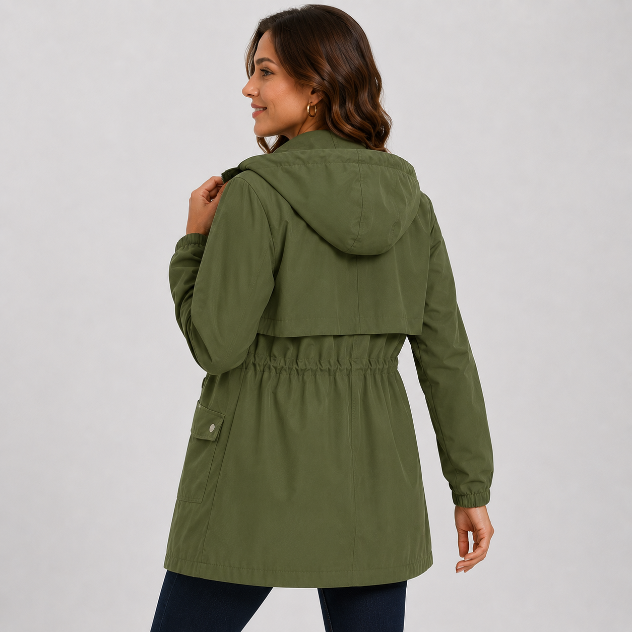 Montviro | Women's Hooded Trench Coat - Drawstring Waist Knee Length