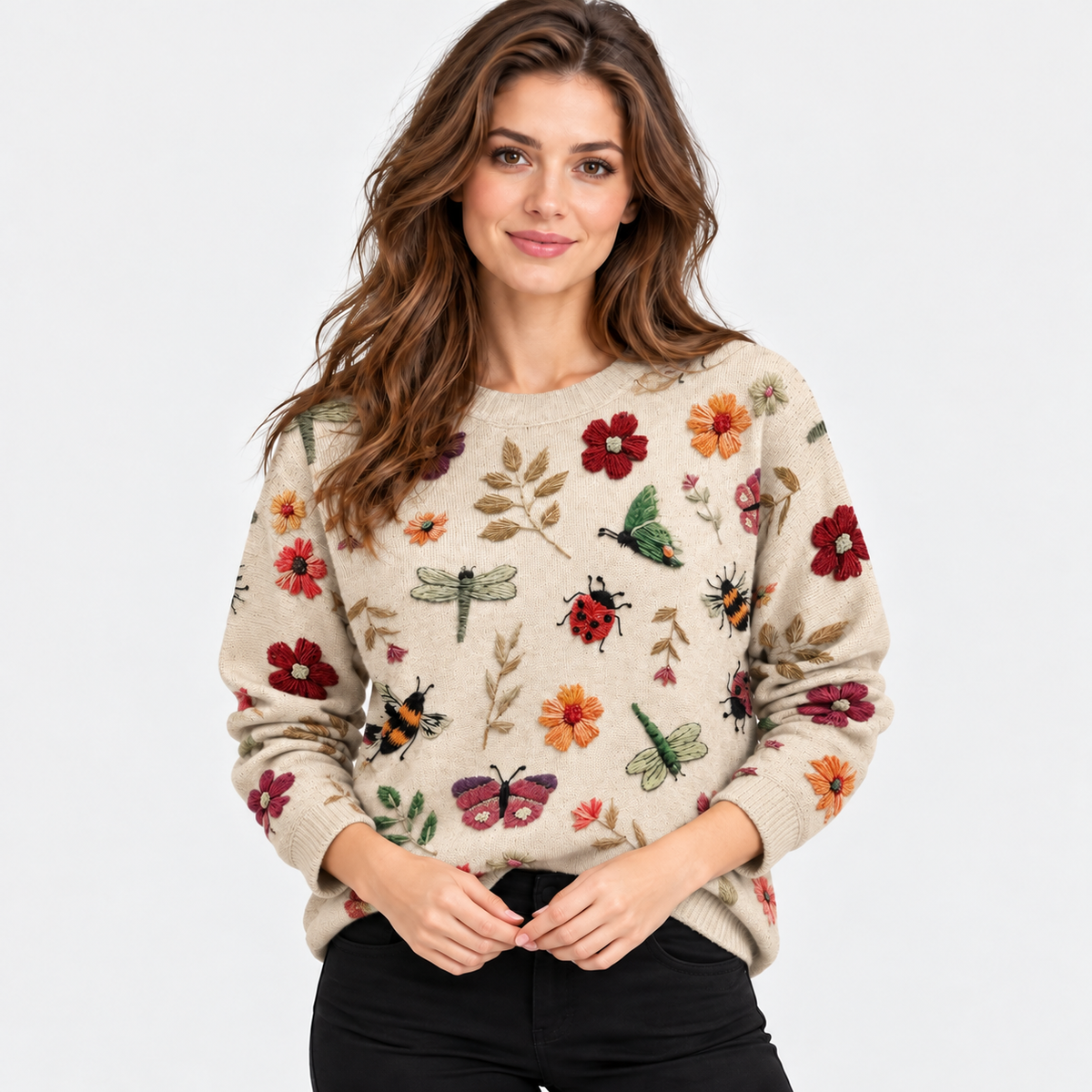 Montviro | Women's Floral Print Crew Neck Sweater with Long Sleeves