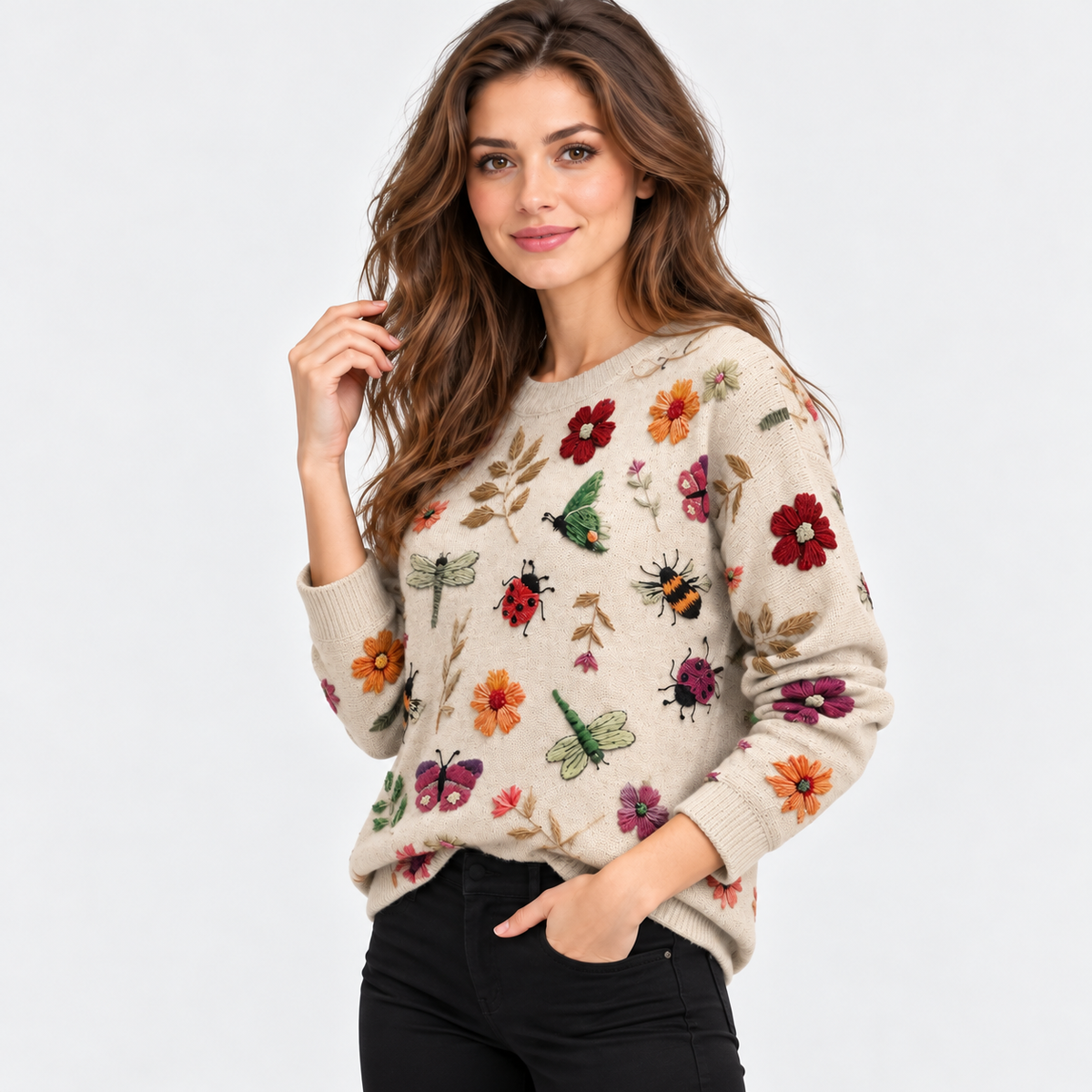 Montviro | Women's Floral Print Crew Neck Sweater with Long Sleeves