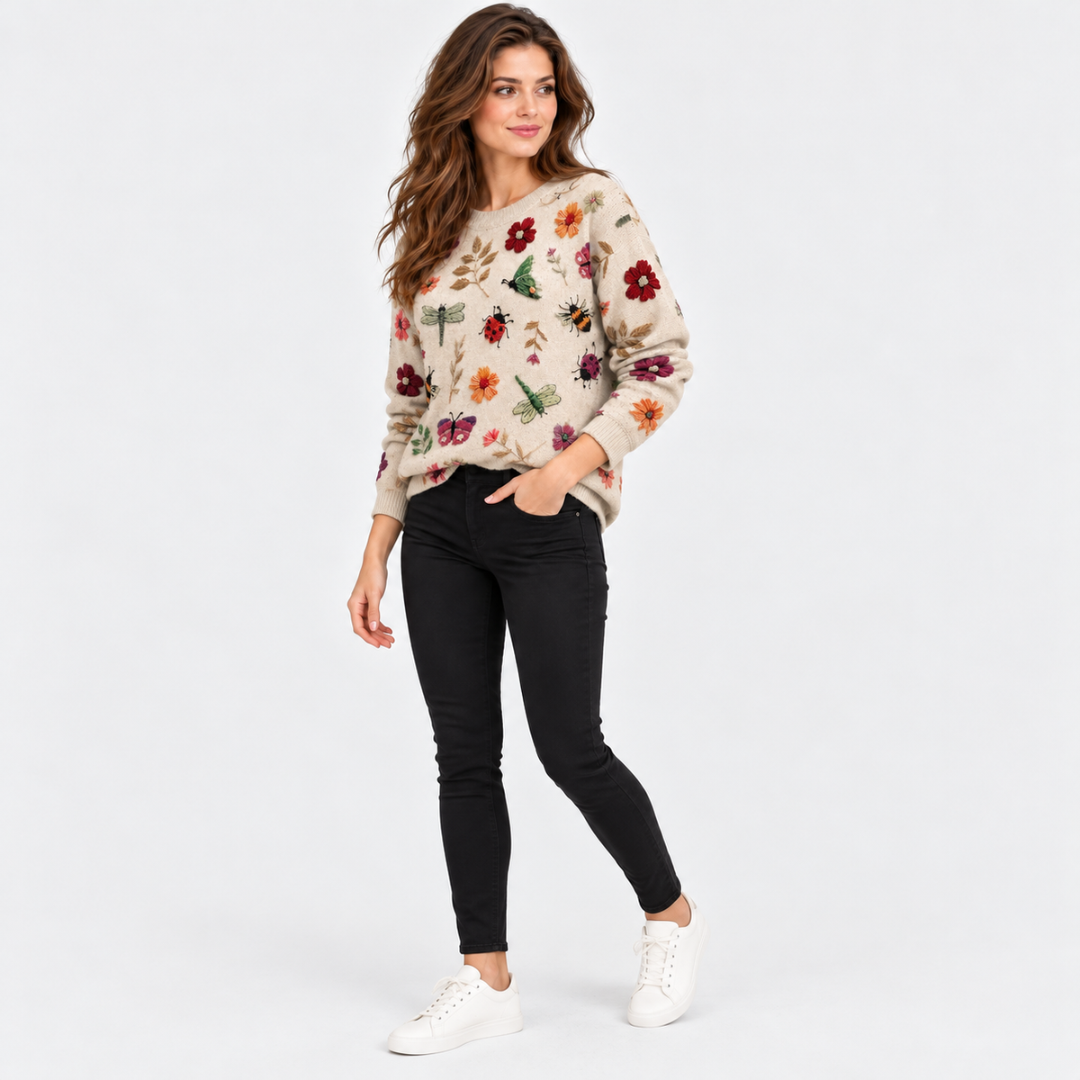 Montviro | Women's Floral Print Crew Neck Sweater with Long Sleeves