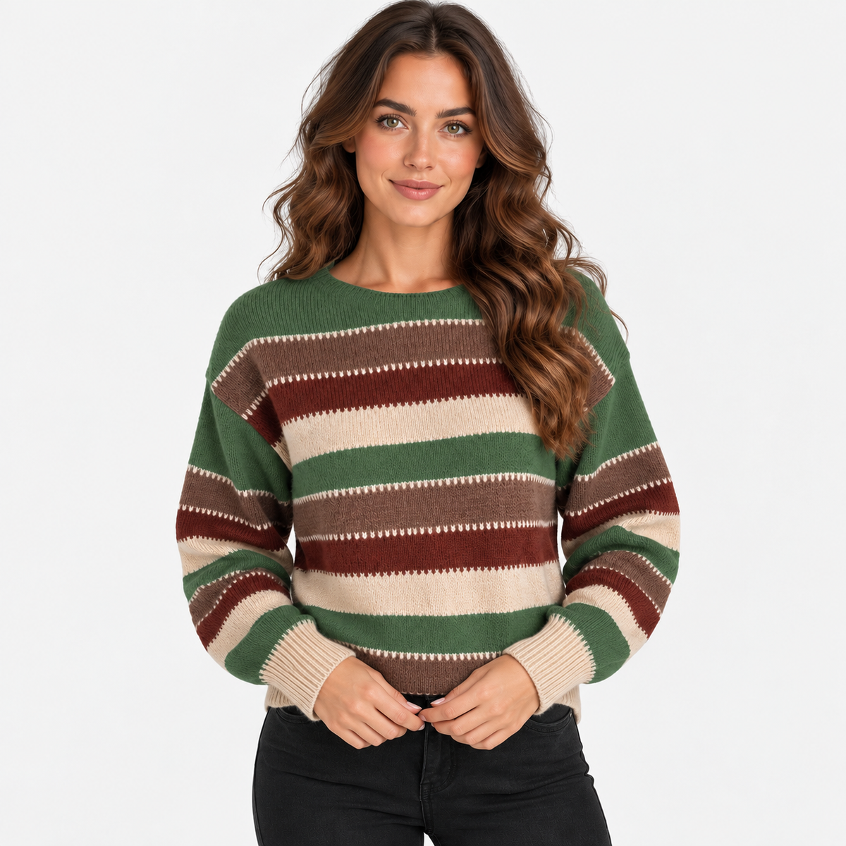 Montviro | Women’s Striped Sweater Vintage Knit Loose Fit Crew Neck Pullover