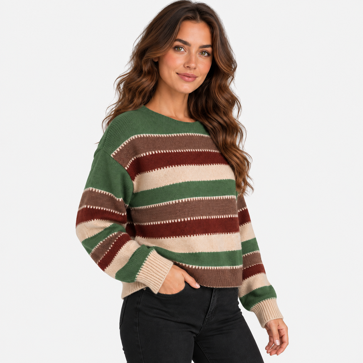Montviro | Women’s Striped Sweater Vintage Knit Loose Fit Crew Neck Pullover