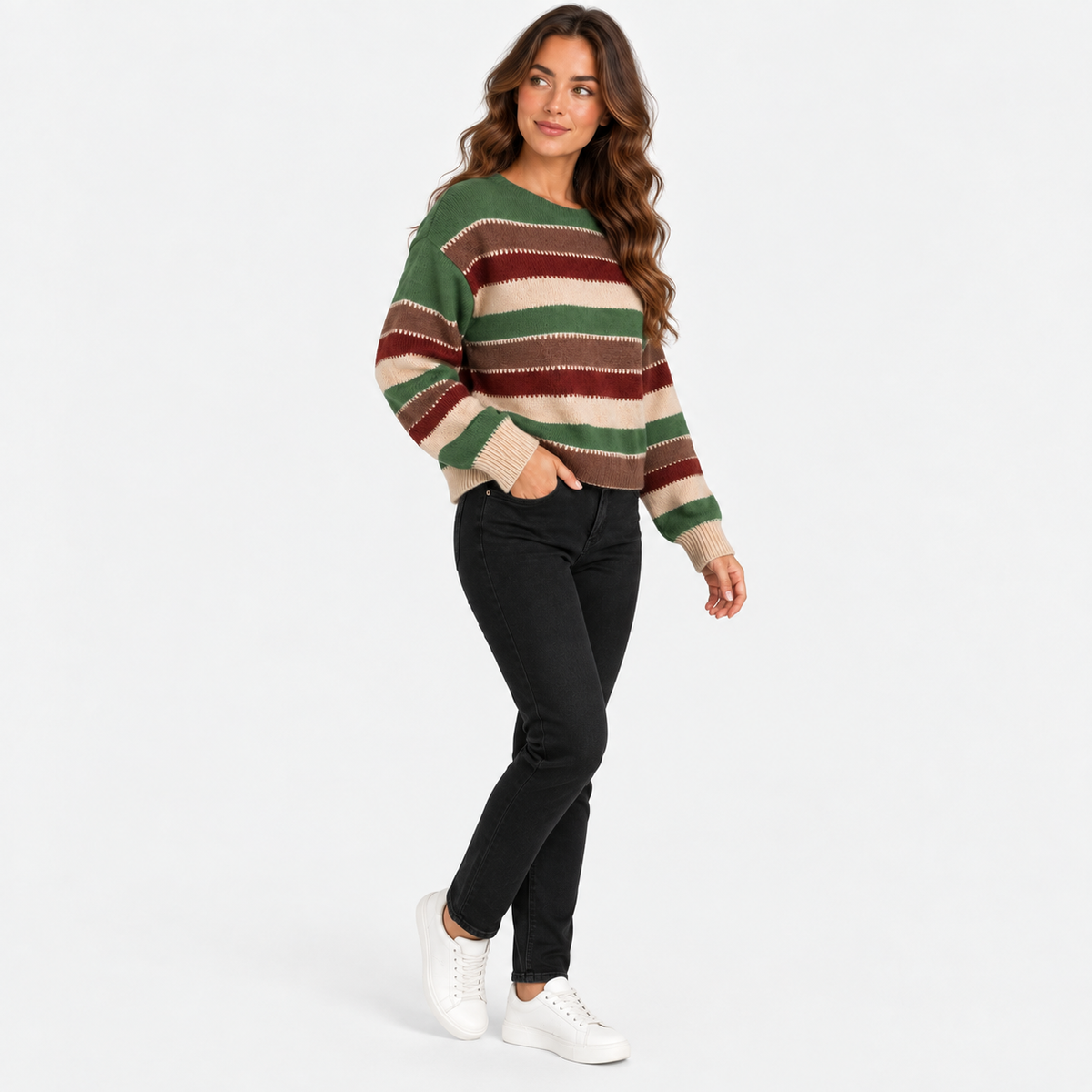 Montviro | Women’s Striped Sweater Vintage Knit Loose Fit Crew Neck Pullover