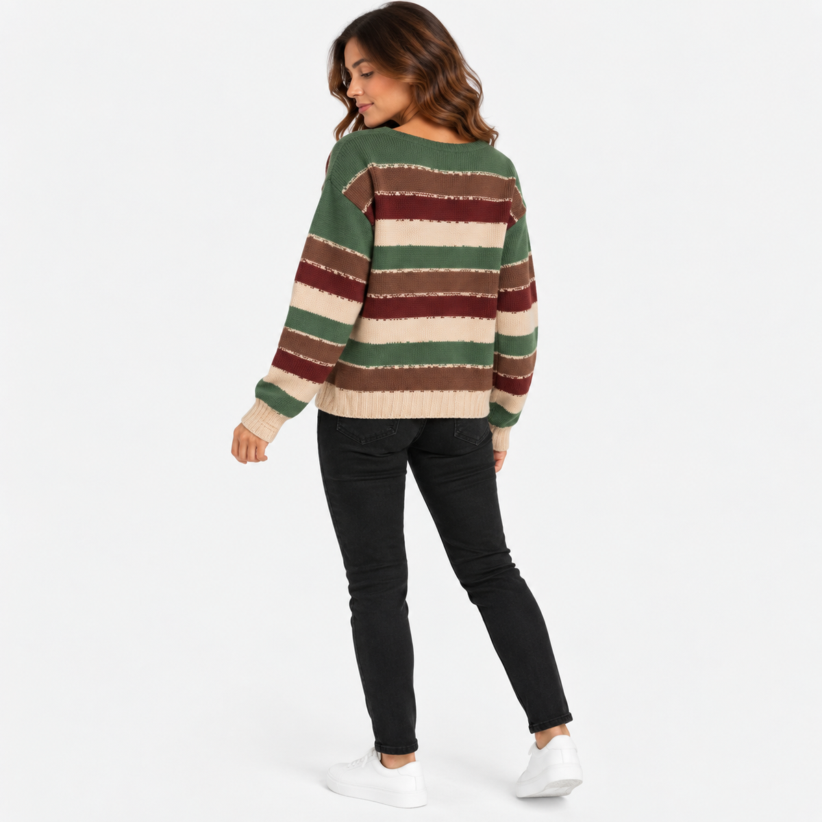 Montviro | Women’s Striped Sweater Vintage Knit Loose Fit Crew Neck Pullover