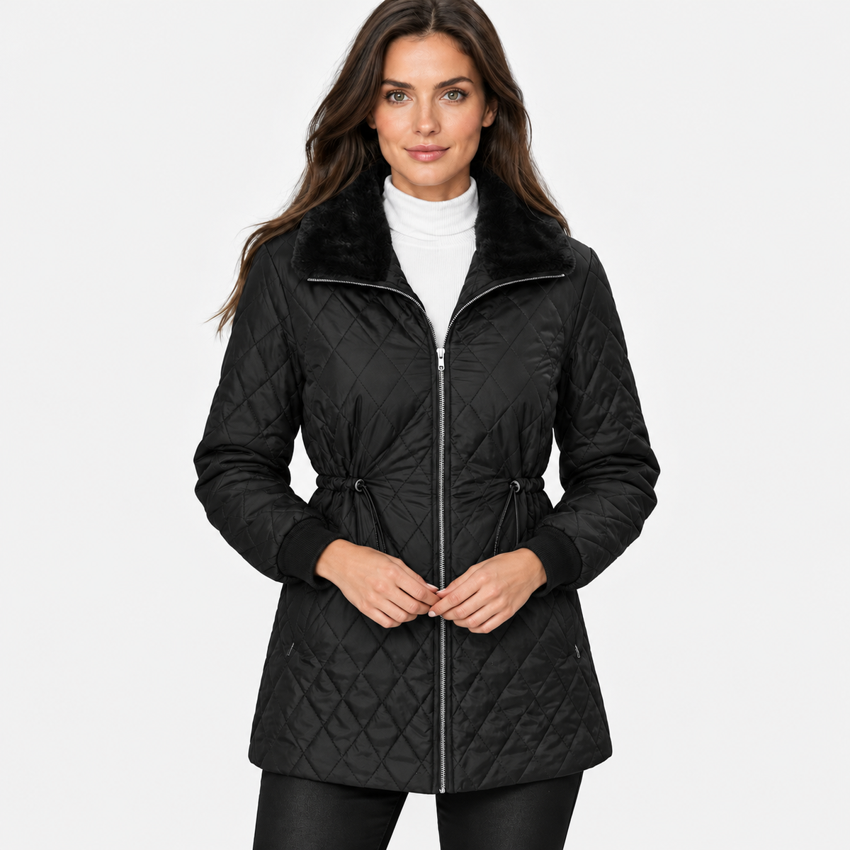 Montviro | Women’s Quilted Jacket Drawstring Waist Plush Collar Outerwear