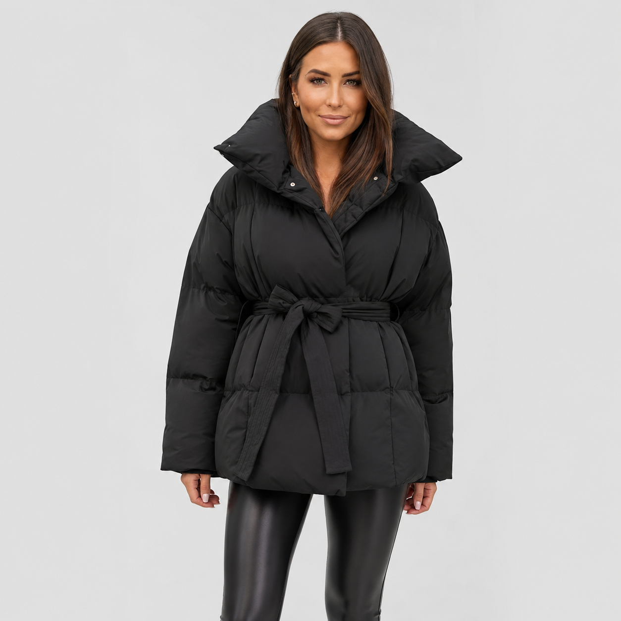 Women's Belted Puffer Coat - Stand Collar Winter Jacket