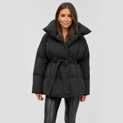 Women's Belted Puffer Coat - Stand Collar Winter Jacket