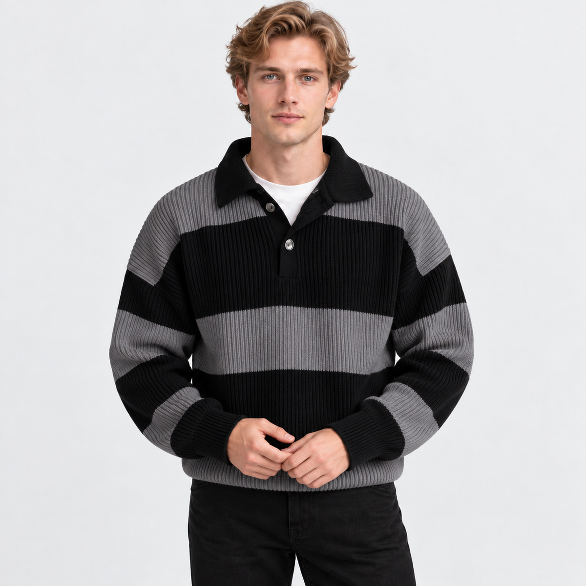 Montviro | Men's Striped Polo Sweater Knit Pullover Half Placket Top