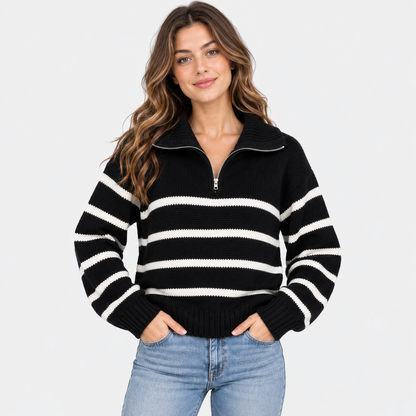 Montviro | Women's Half-Zip Sweater Striped High Neck Knit Pullover