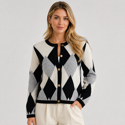 Montviro | Women's Argyle Cardigan - Crew Neck Fall Winter Sweater
