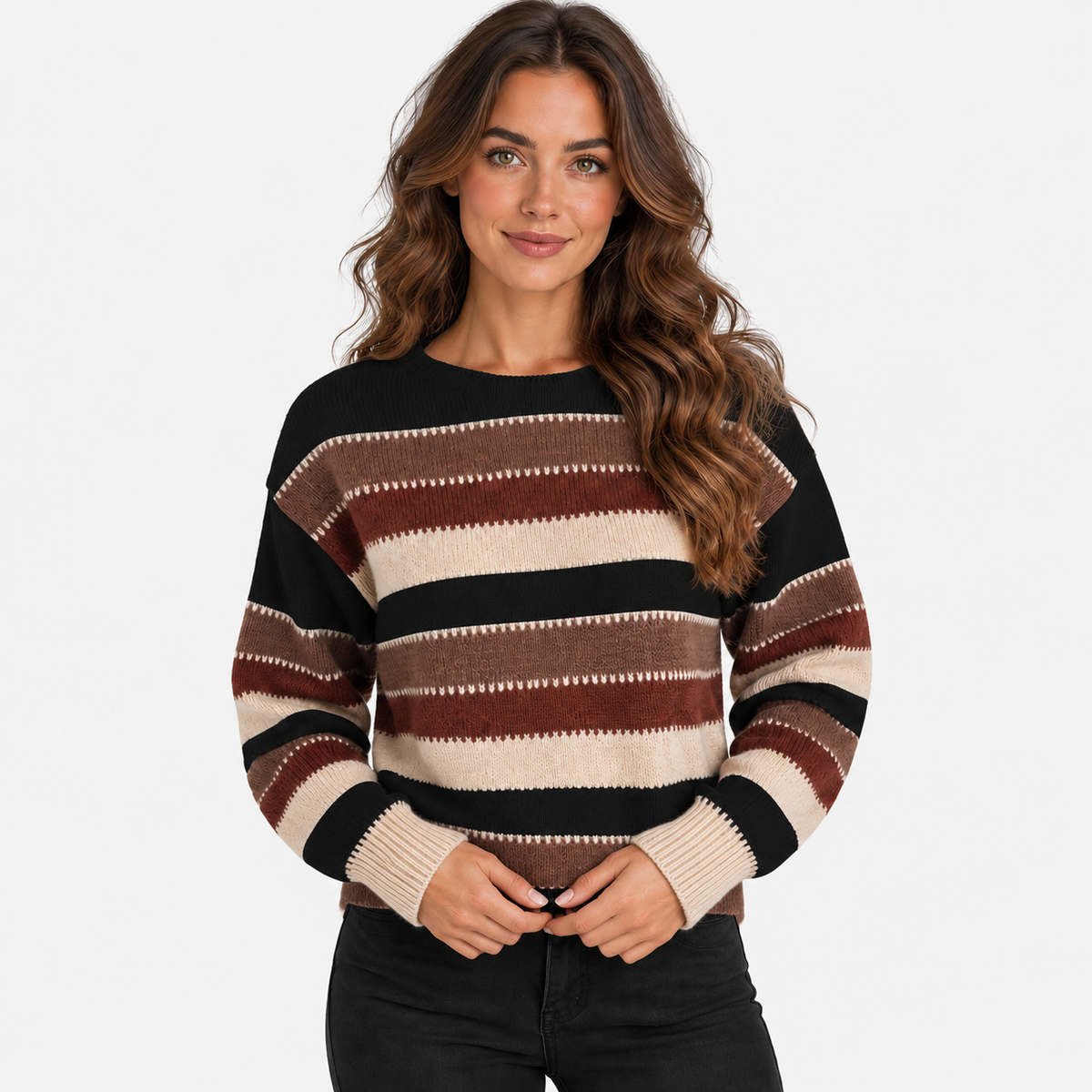 Montviro | Women’s Striped Sweater Vintage Knit Loose Fit Crew Neck Pullover
