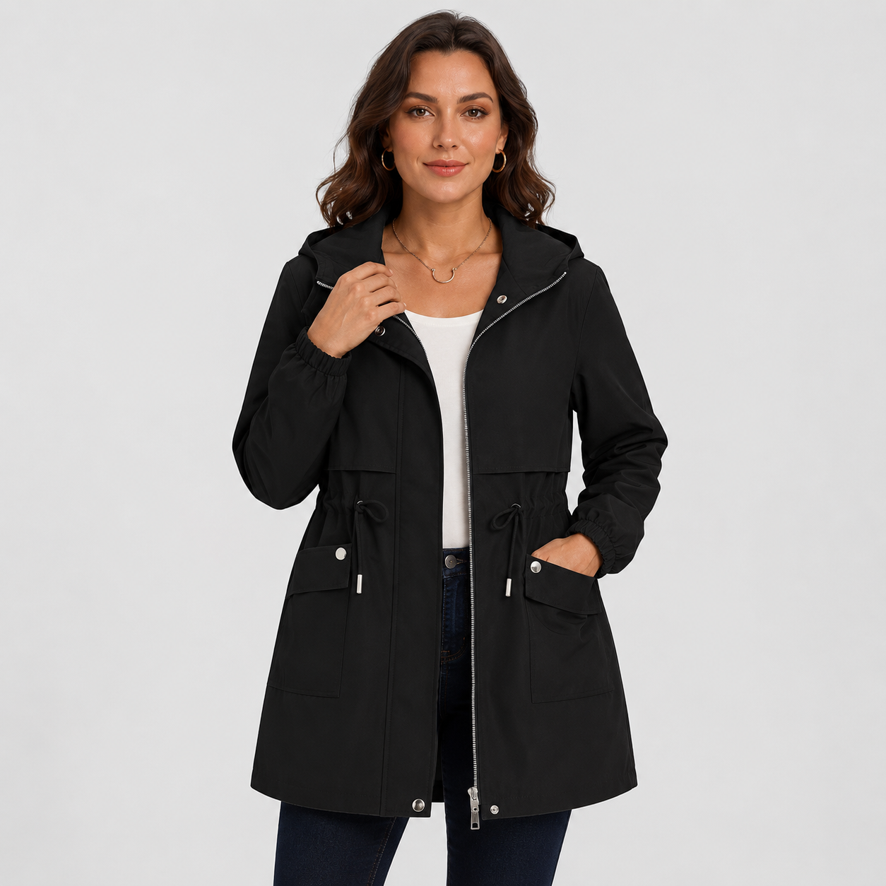 Montviro | Women's Hooded Trench Coat - Drawstring Waist Knee Length