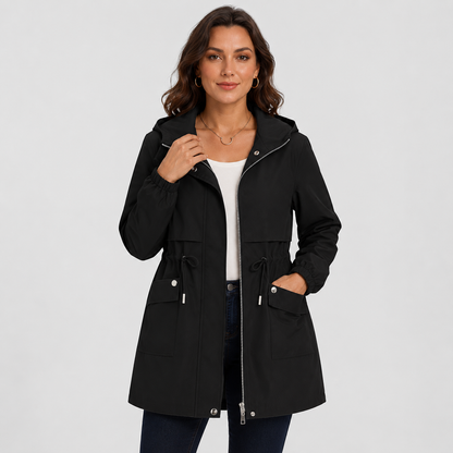Montviro | Women's Hooded Trench Coat - Drawstring Waist Knee Length
