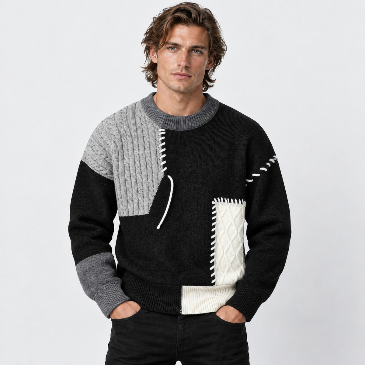 Montviro | Men's Color Block Sweater Knit Crew Neck Casual Winter Top