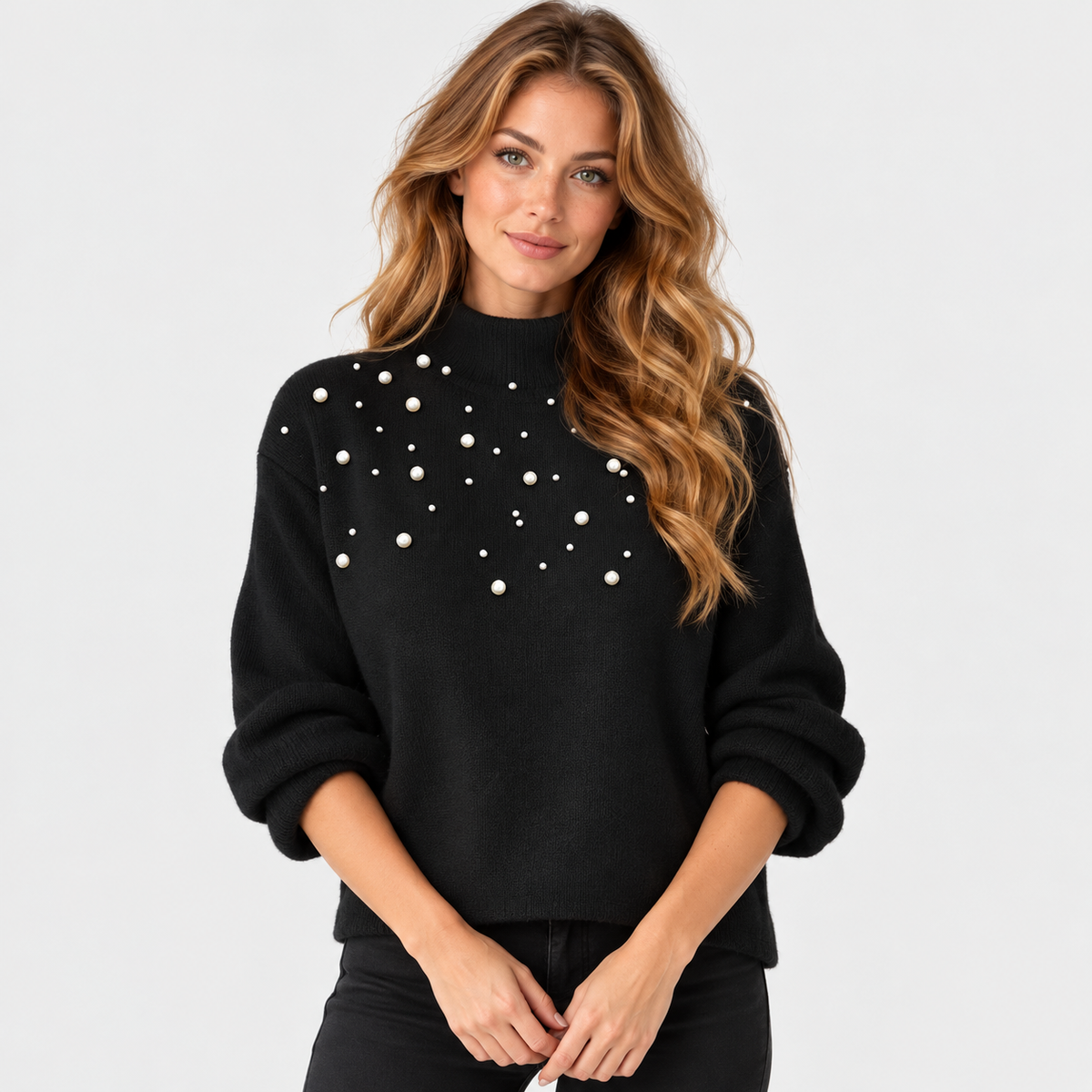Montviro | Women's Pearl Beaded Pullover Sweater with High Neck
