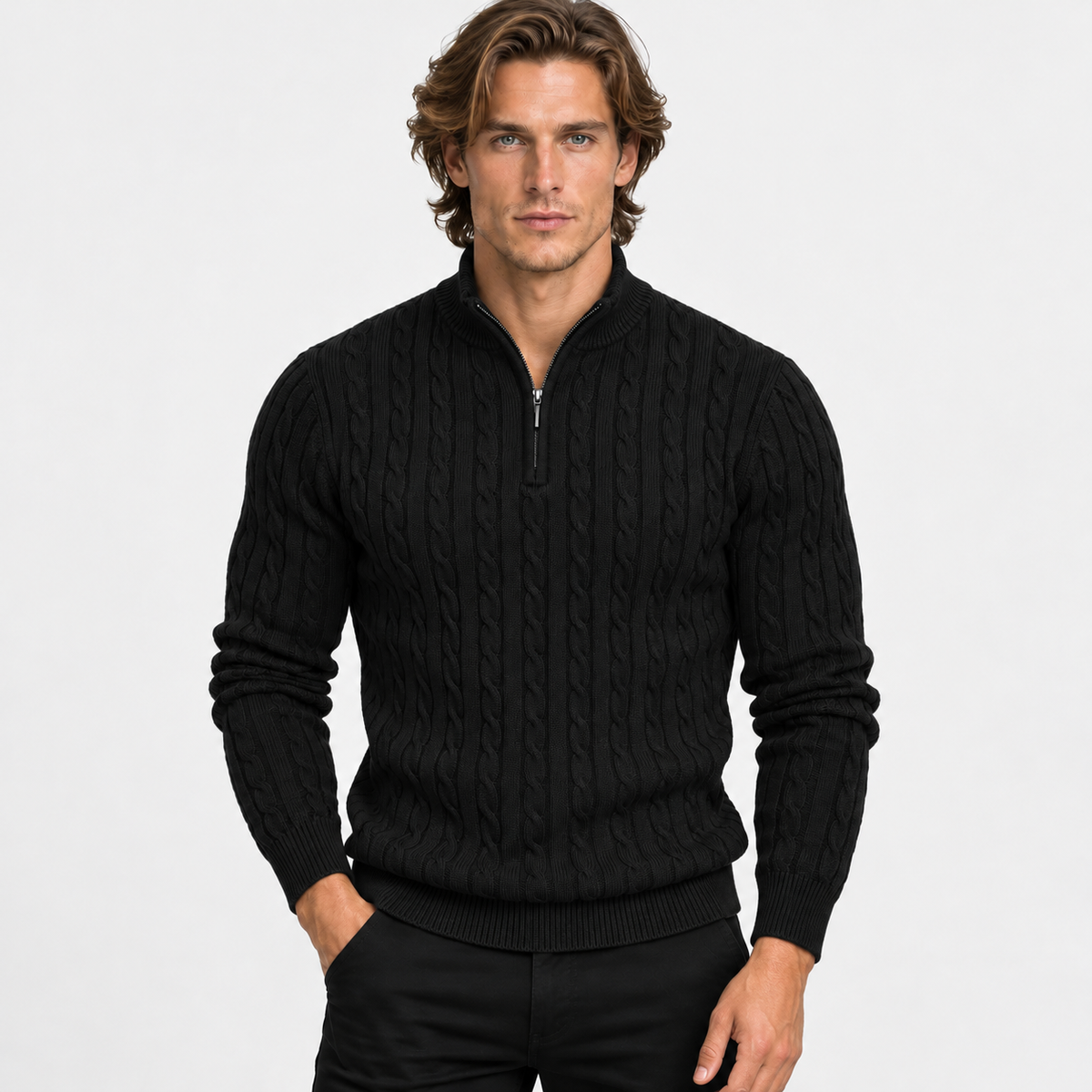 Montviro | Men’s Cable Knit Sweater Quarter Zip Stand Collar Pullover