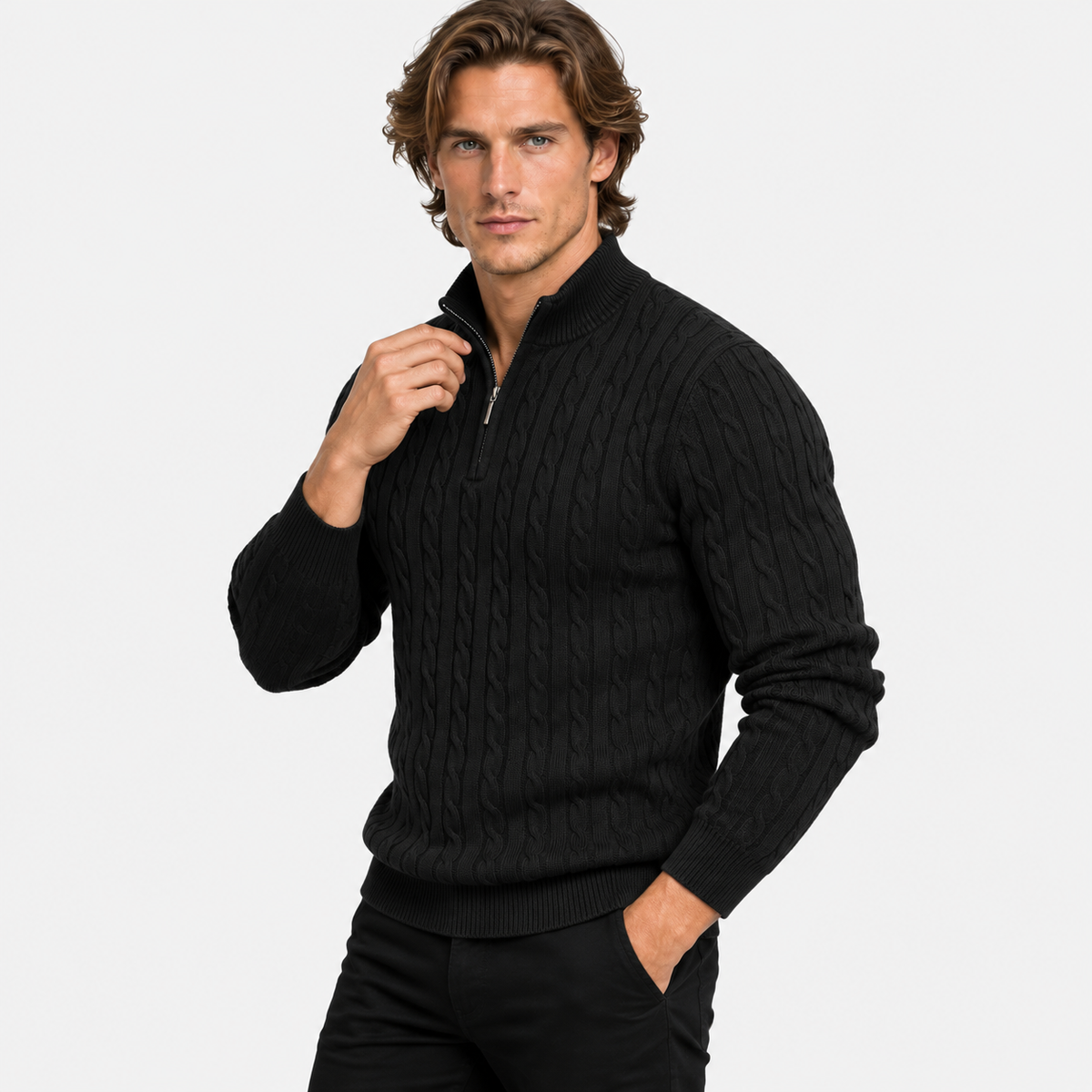 Montviro | Men’s Cable Knit Sweater Quarter Zip Stand Collar Pullover