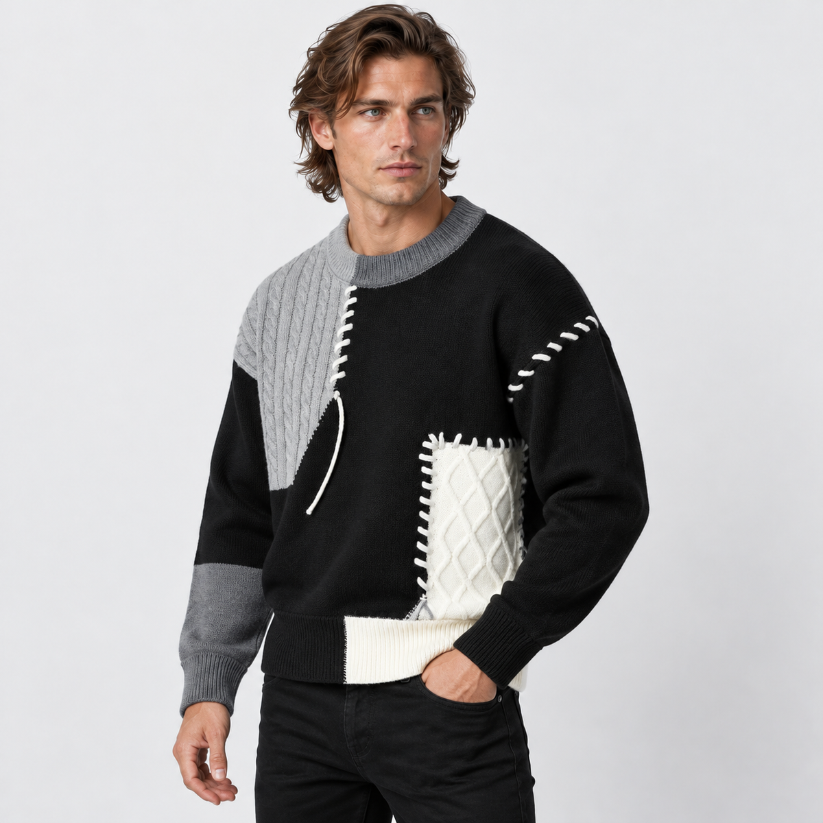 Montviro | Men's Color Block Sweater Knit Crew Neck Casual Winter Top