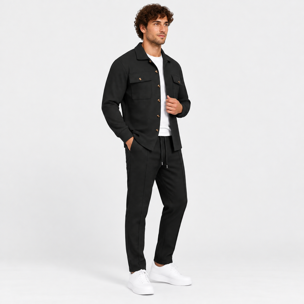Montviro | Men's Waffle Knit Cardigan Set Button Shirt Pants Casual Outfit