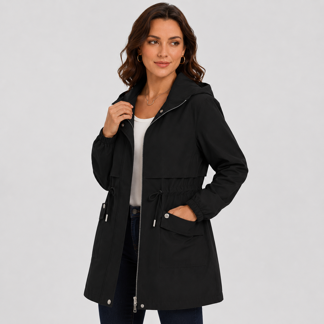 Montviro | Women's Hooded Trench Coat - Drawstring Waist Knee Length