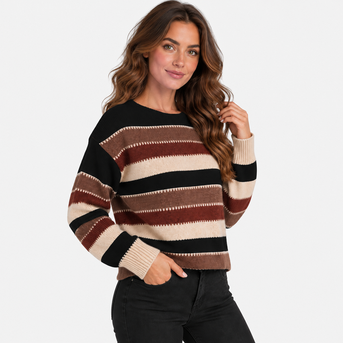 Montviro | Women’s Striped Sweater Vintage Knit Loose Fit Crew Neck Pullover