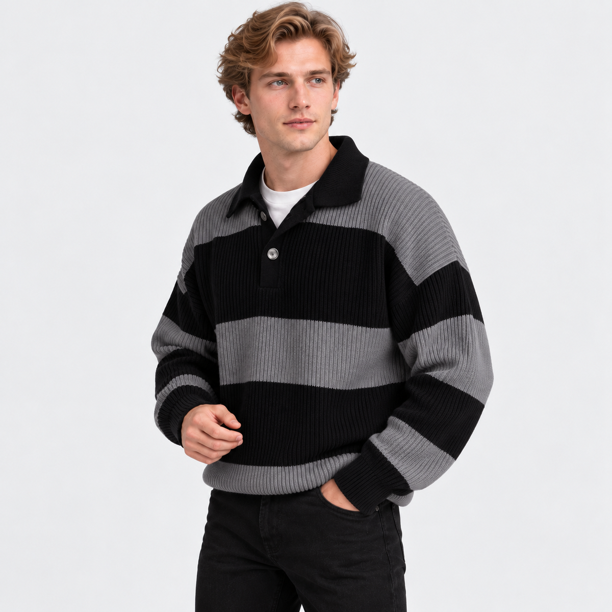 Montviro | Men's Striped Polo Sweater Knit Pullover Half Placket Top