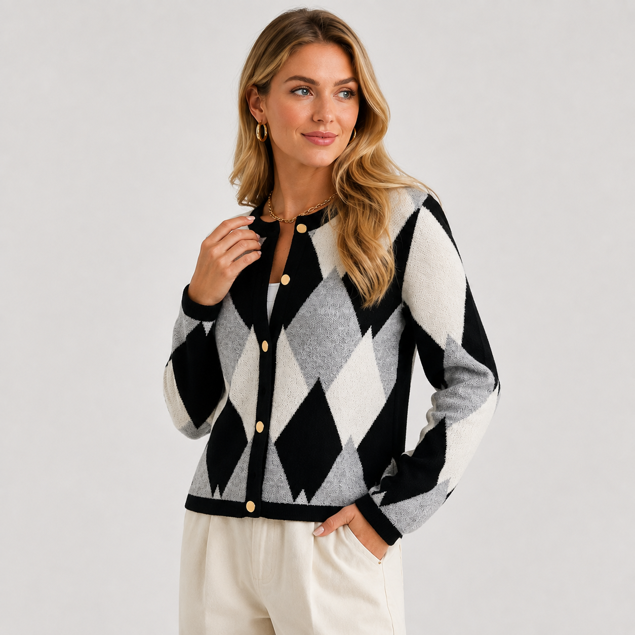 Montviro | Women's Argyle Cardigan - Crew Neck Fall Winter Sweater