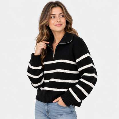 Montviro | Women's Half-Zip Sweater Striped High Neck Knit Pullover