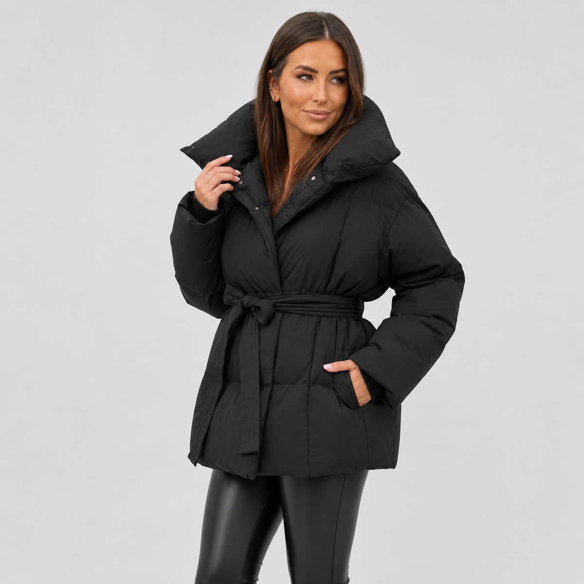 Women's Belted Puffer Coat - Stand Collar Winter Jacket