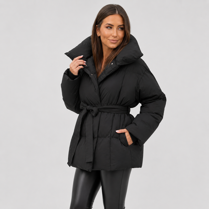 Women's Belted Puffer Coat - Stand Collar Winter Jacket