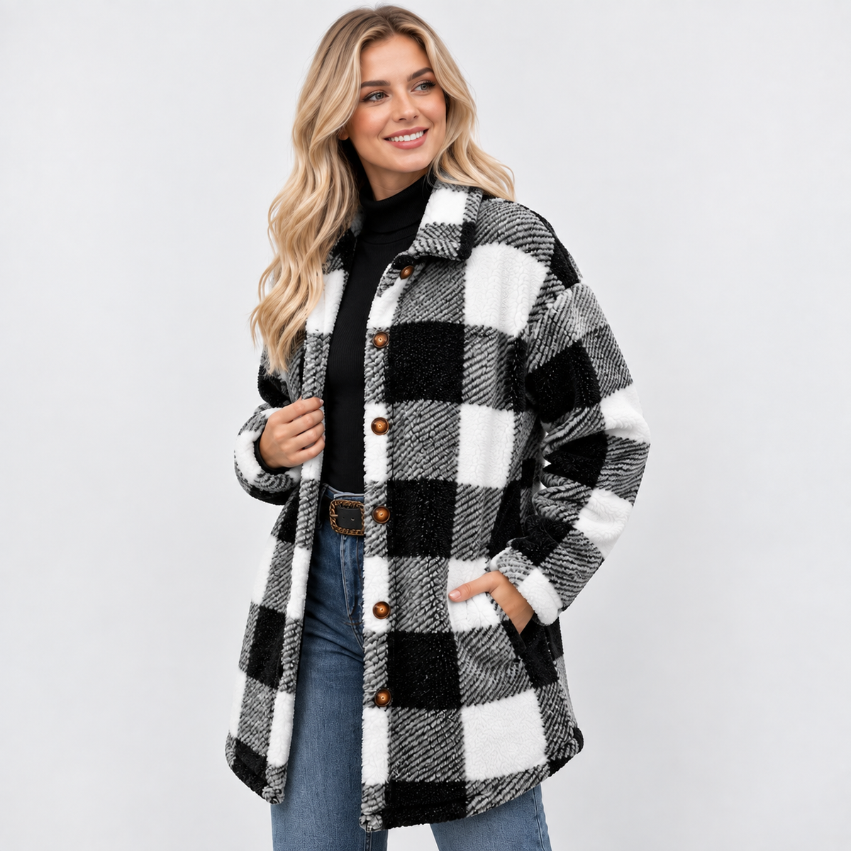 Montviro | Women's Plaid Teddy Coat - Long Button Fall Winter Style