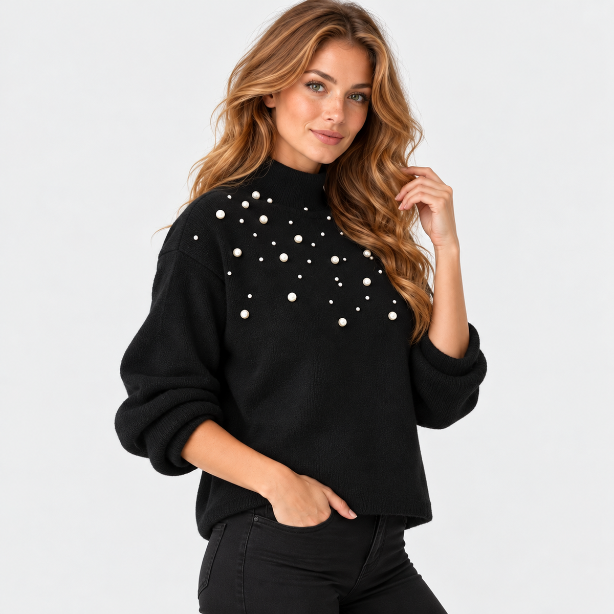 Montviro | Women's Pearl Beaded Pullover Sweater with High Neck