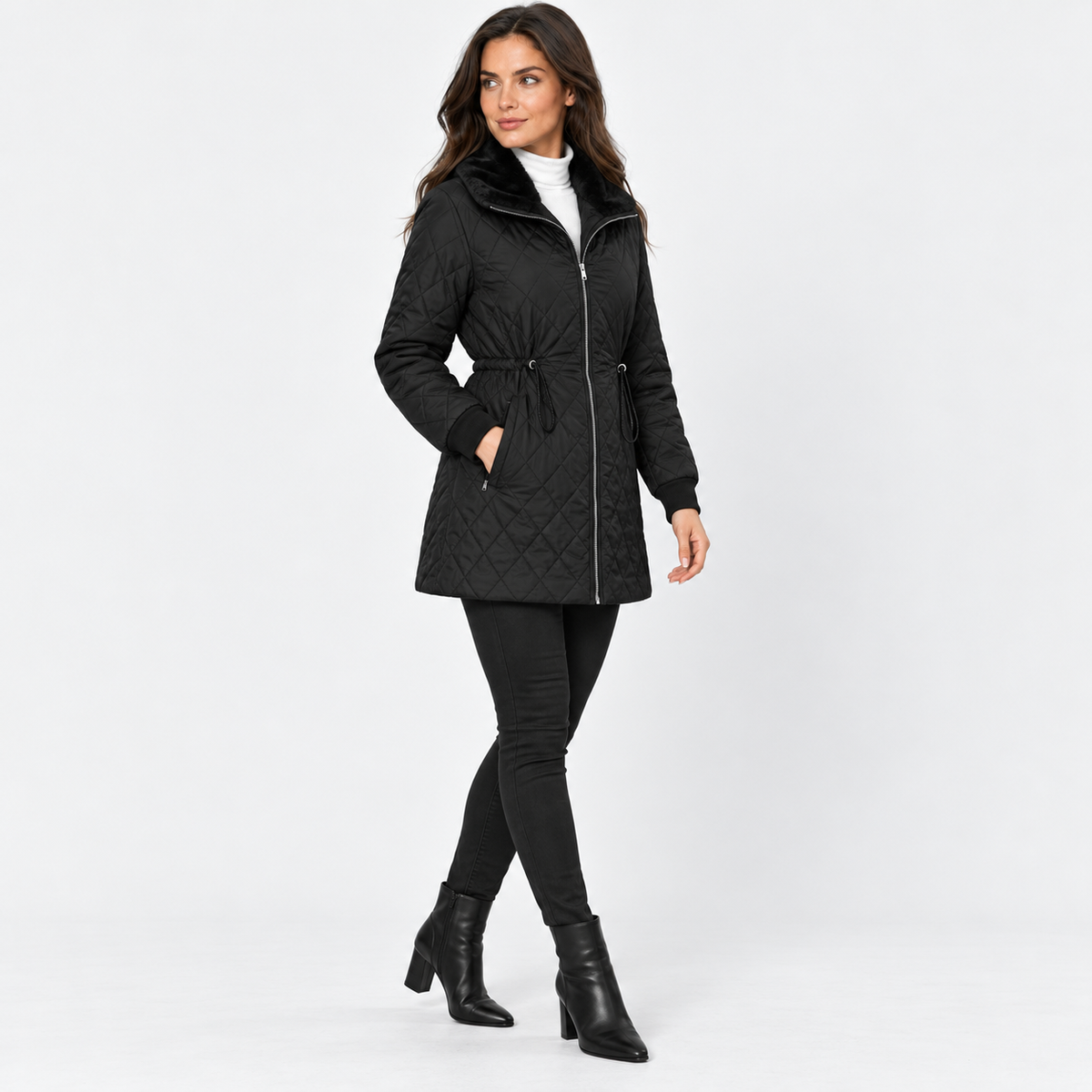 Montviro | Women’s Quilted Jacket Drawstring Waist Plush Collar Outerwear