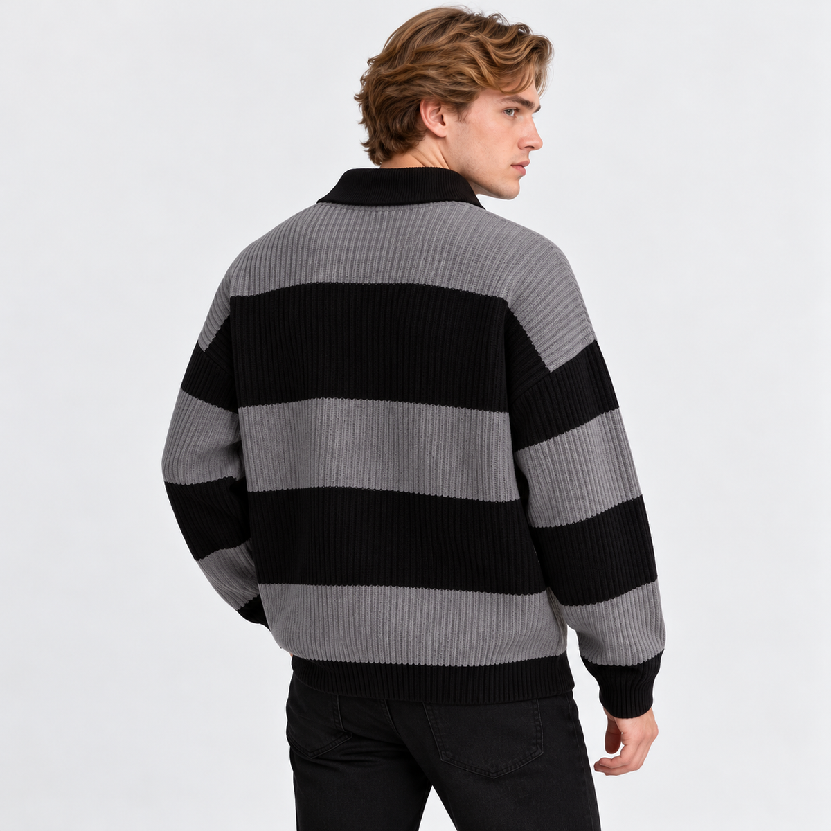 Montviro | Men's Striped Polo Sweater Knit Pullover Half Placket Top