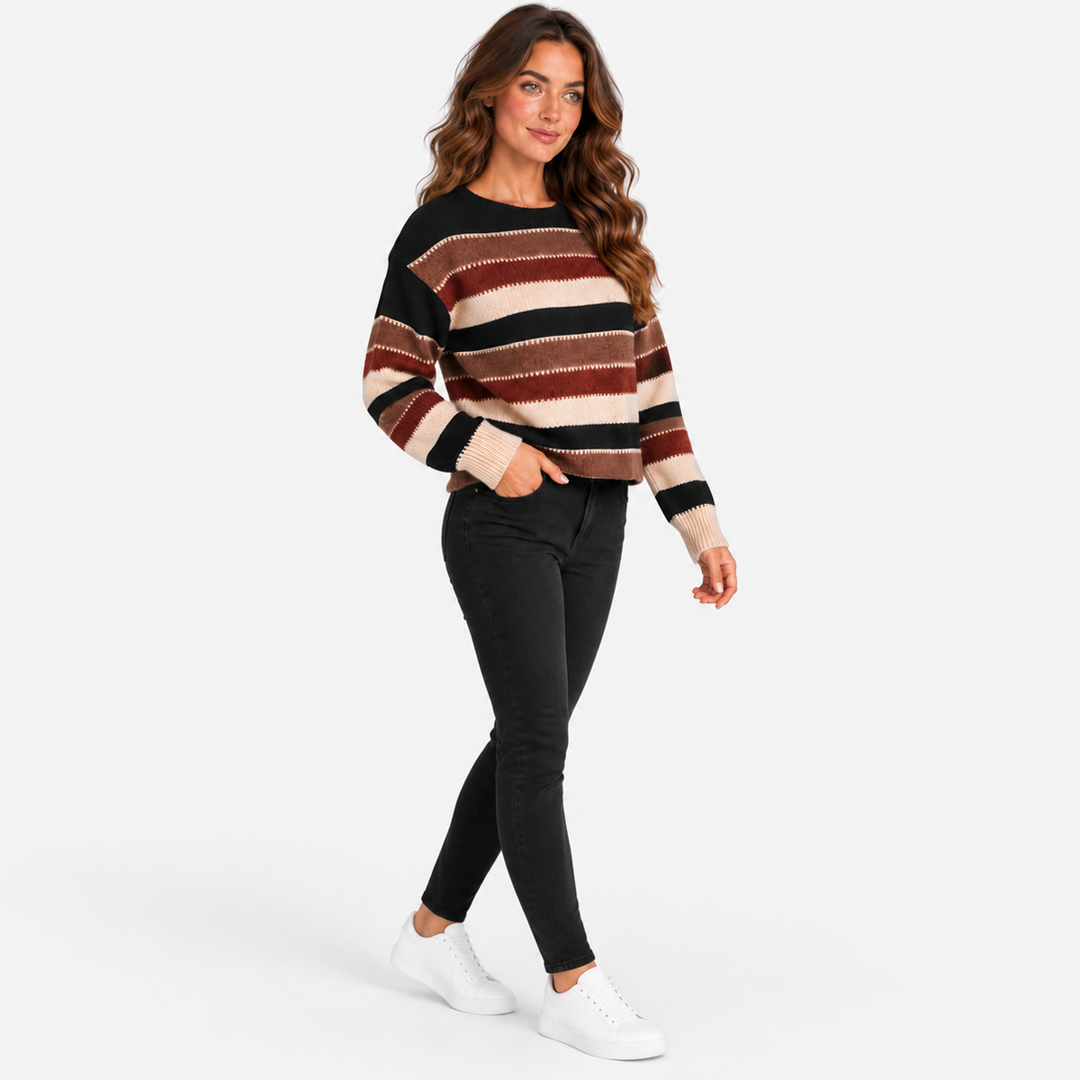 Montviro | Women’s Striped Sweater Vintage Knit Loose Fit Crew Neck Pullover